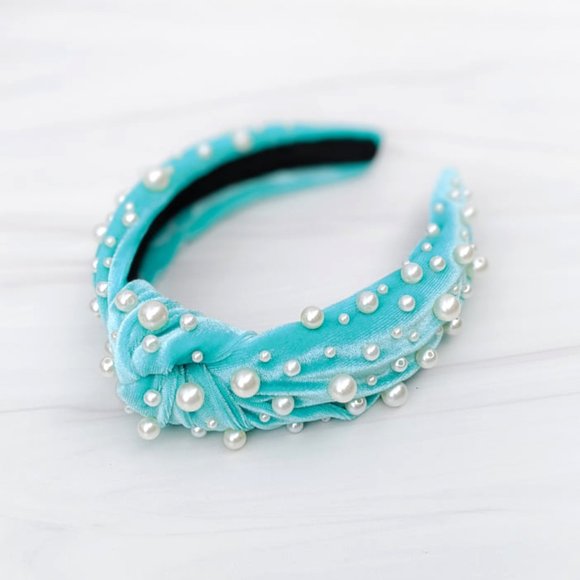 Tiffany Blue Pearl Knot Velvet Headband Pearl Beads Handmade Knotted Turban main image 8